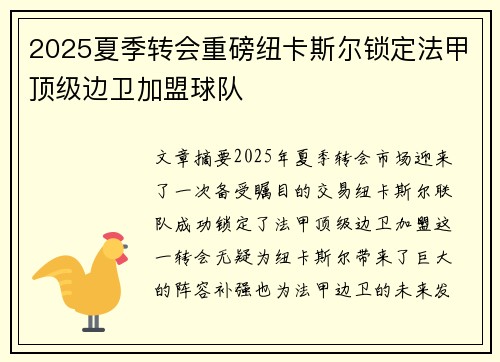 2025夏季转会重磅纽卡斯尔锁定法甲顶级边卫加盟球队